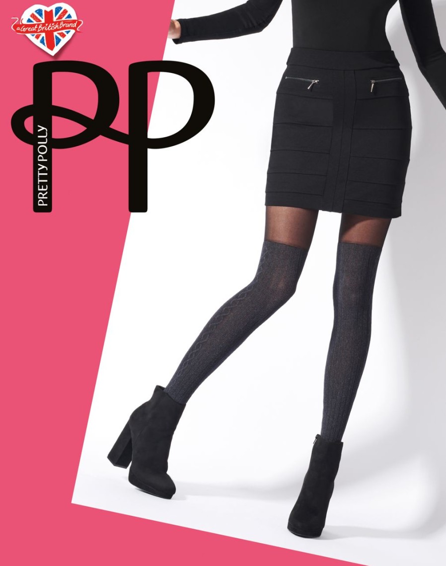 Pretty Polly | Pretty Polly Gemusterte Uberkniestrumpfe Und Strumpfhose In Einem Marl Cable Von Pretty Polly Schwarz-Grau