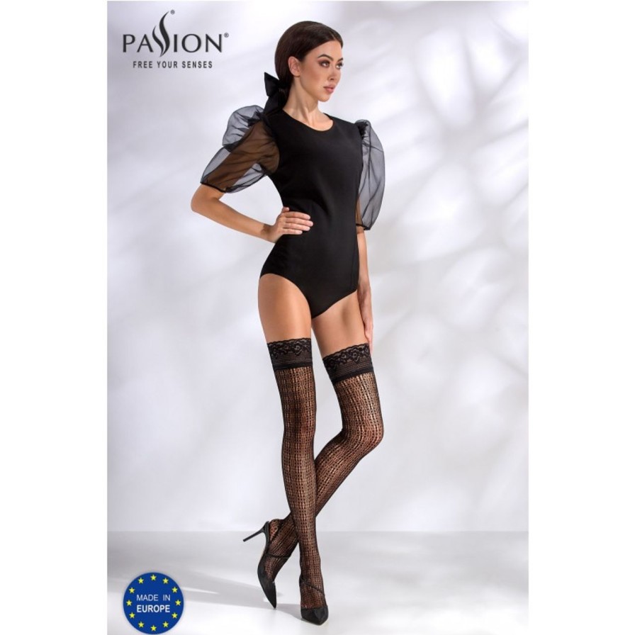 Passion | Passion Halterlose Strumpfe Mit Spitzenabschluss Netz Muster Von Passion Schwarz