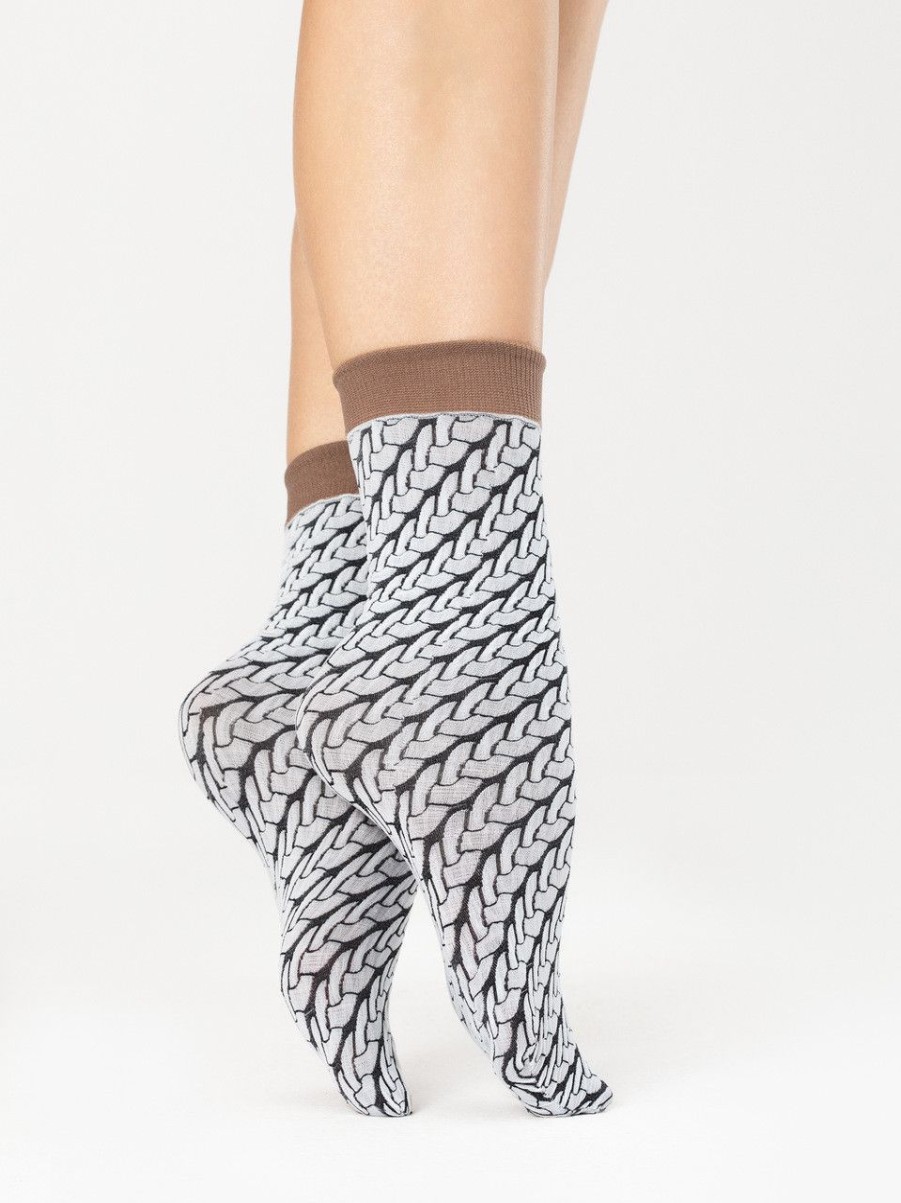 Fiore | Fiore Blickdichte Feinsockchen Mit Zopfmuster Und Abschlussbund In Kontrastfarbe Von Fiore White-Brown